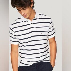 Tommy Hilfiger Men’s Small White & Navy Striped Polo Shirt - Performance Pique